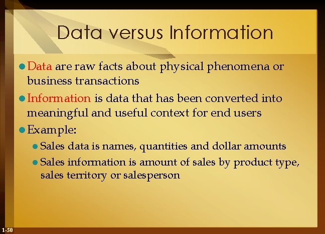 Data versus Information l Data are raw facts about physical phenomena or business transactions