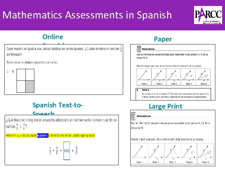 Mathematics Assessments in Spanish Online Spanish Text-to. Speech Paper Spanish Large Print Spanish 