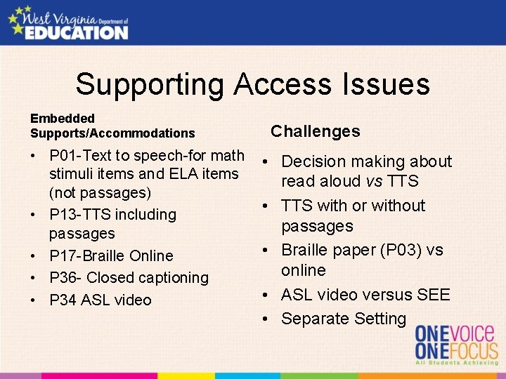 Supporting Access Issues Embedded Supports/Accommodations • P 01 -Text to speech-for math stimuli items