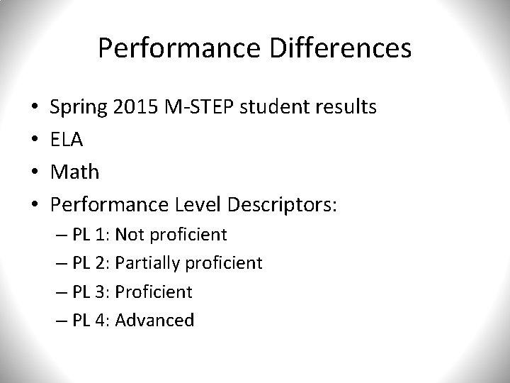 Performance Differences • • Spring 2015 M-STEP student results ELA Math Performance Level Descriptors: