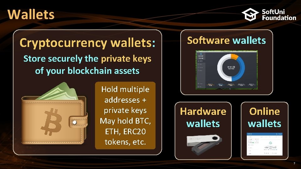 Wallets Cryptocurrency wallets: Software wallets Store securely the private keys of your blockchain assets