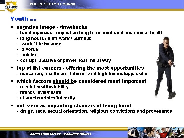 POLICE SECTOR COUNCIL Youth … § negative image - drawbacks - too dangerous -