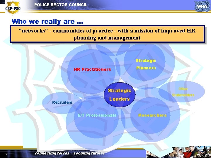 POLICE SECTOR COUNCIL WHO Who we really are … “networks” - communities of practice