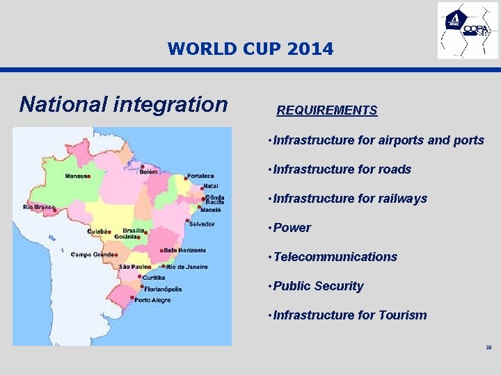 WORLD CUP 2014 National integration REQUIREMENTS • Infrastructure for airports and ports • Infrastructure
