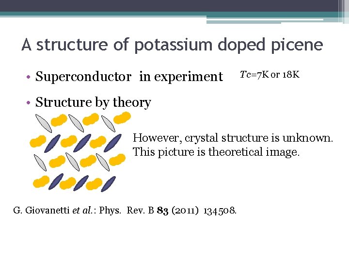A structure of potassium doped picene • Superconductor in experiment Tc=7 K or 18