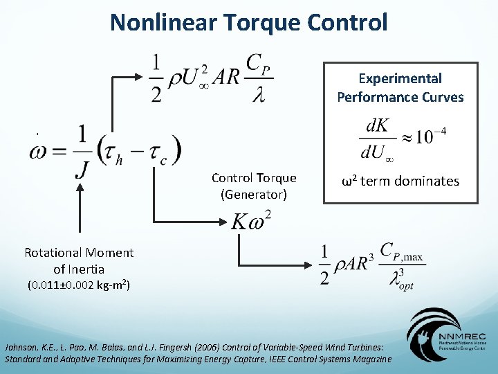 Nonlinear Torque Control Experimental Performance Curves Control Torque (Generator) ω2 term dominates Rotational Moment