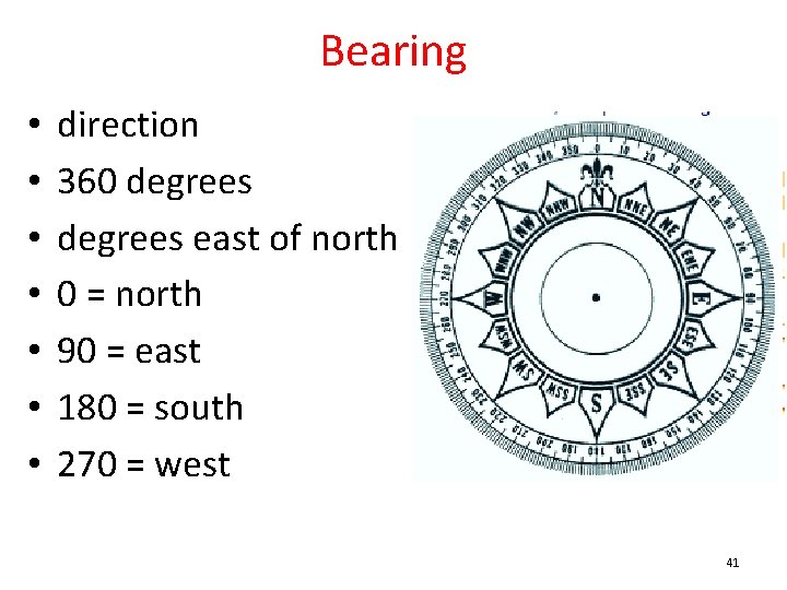 Bearing • • direction 360 degrees east of north 0 = north 90 =
