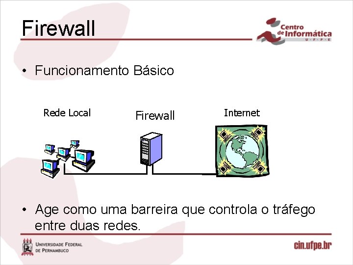 Firewall • Funcionamento Básico Rede Local Firewall Internet • Age como uma barreira que