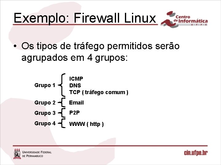 Exemplo: Firewall Linux • Os tipos de tráfego permitidos serão agrupados em 4 grupos: