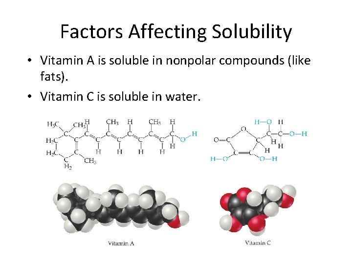 Factors Affecting Solubility • Vitamin A is soluble in nonpolar compounds (like fats). •