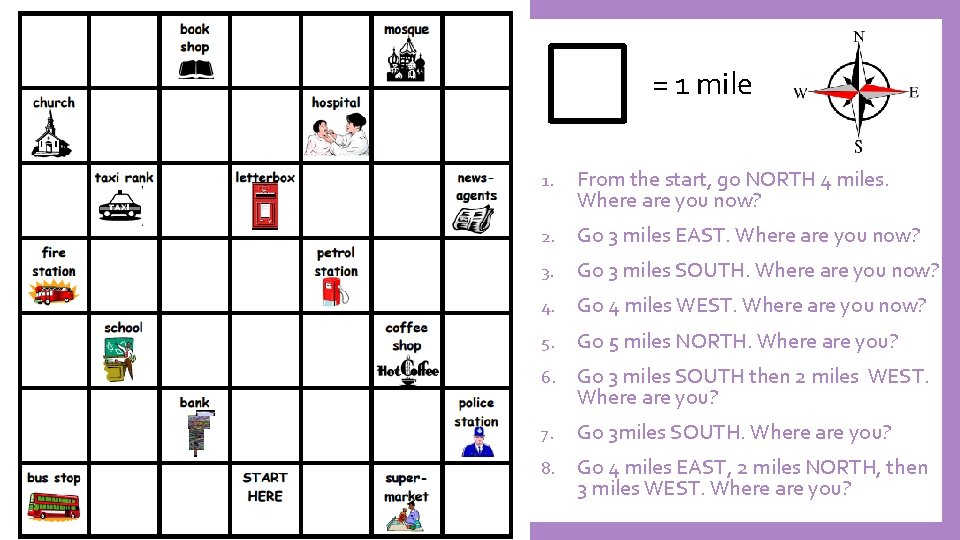 = 1 mile 1. From the start, go NORTH 4 miles. Where are you