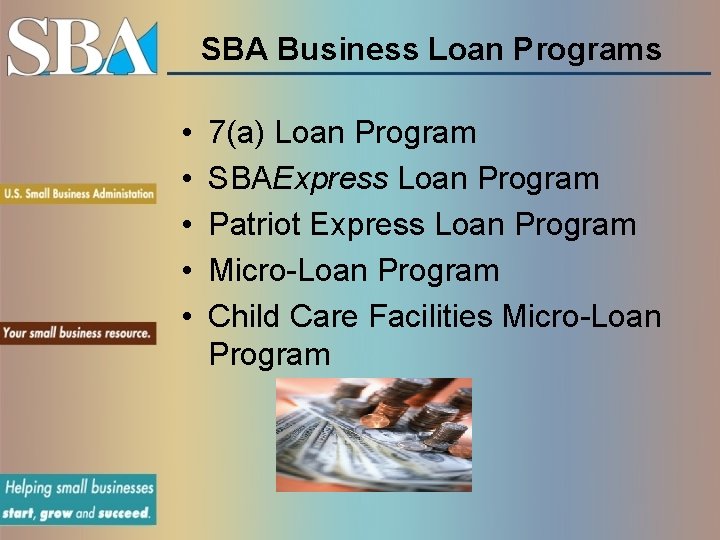 SBA Business Loan Programs • • • 7(a) Loan Program SBAExpress Loan Program Patriot