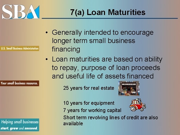 7(a) Loan Maturities • Generally intended to encourage longer term small business financing •