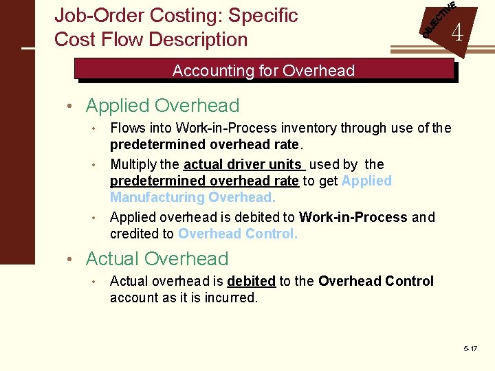 Job-Order Costing: Specific Cost Flow Description 4 Accounting for Overhead • Applied Overhead •