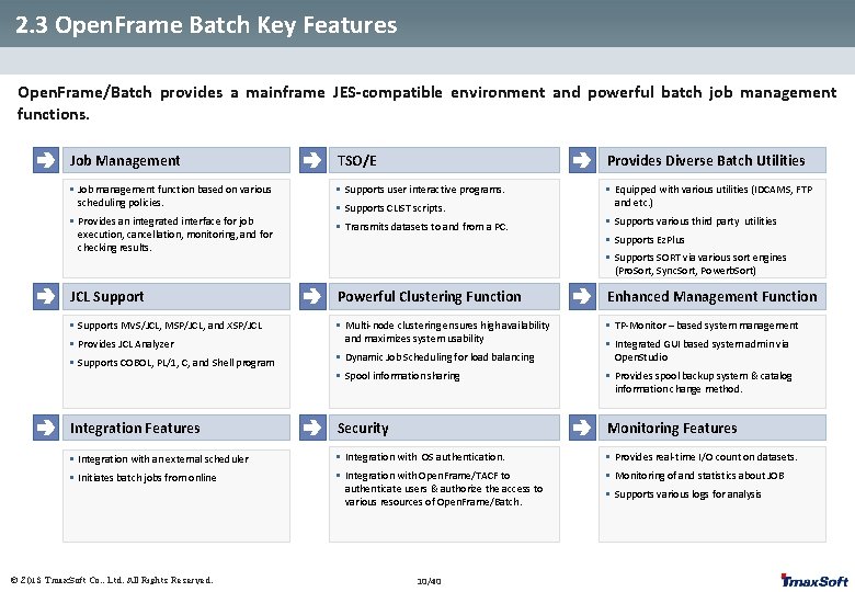 2. 3 Open. Frame Batch Key Features Open. Frame/Batch provides a mainframe JES-compatible environment