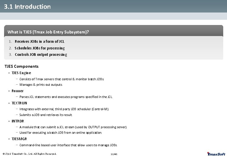 3. 1 Introduction What is TJES (Tmax Job Entry Subsystem)? 1. Receives JOBs in