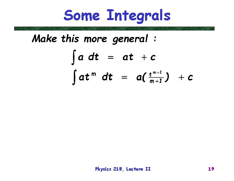 Some Integrals Physics 218, Lecture II 19 