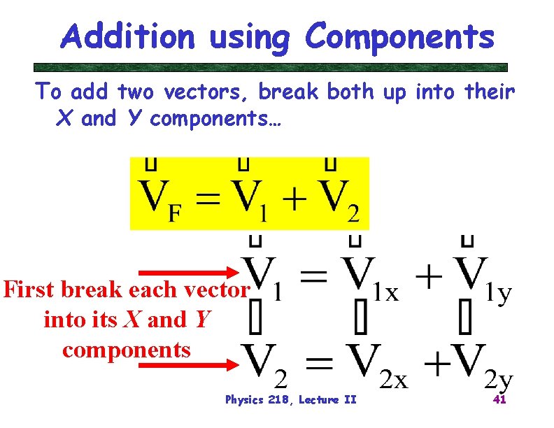Addition using Components To add two vectors, break both up into their X and