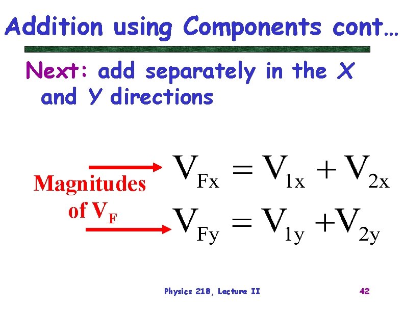 Addition using Components cont… Next: add separately in the X and Y directions Magnitudes