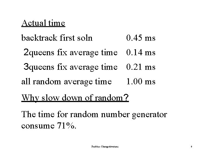 Actual time backtrack first soln 0. 45 ms 2 queens fix average time 0.