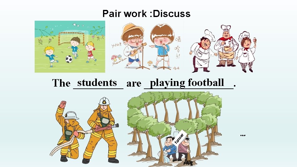 Pair work : Discuss fa rm er students are ________. playing football The _____