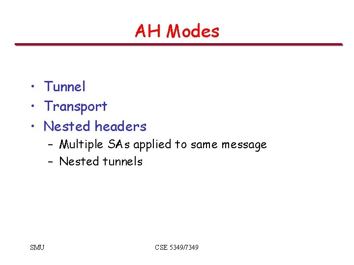 AH Modes • Tunnel • Transport • Nested headers – Multiple SAs applied to