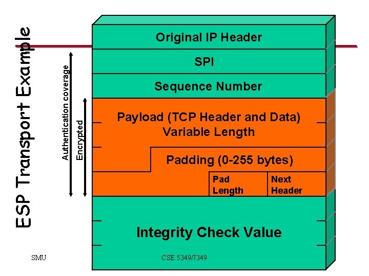 SPI Sequence Number Encrypted Authentication coverage ESP Transport Example SMU Original IP Header Payload