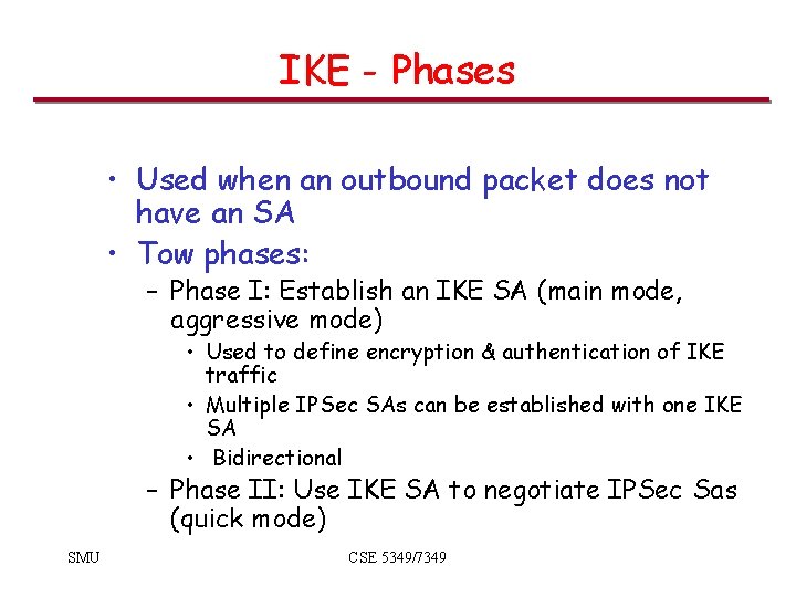 IKE - Phases • Used when an outbound packet does not have an SA