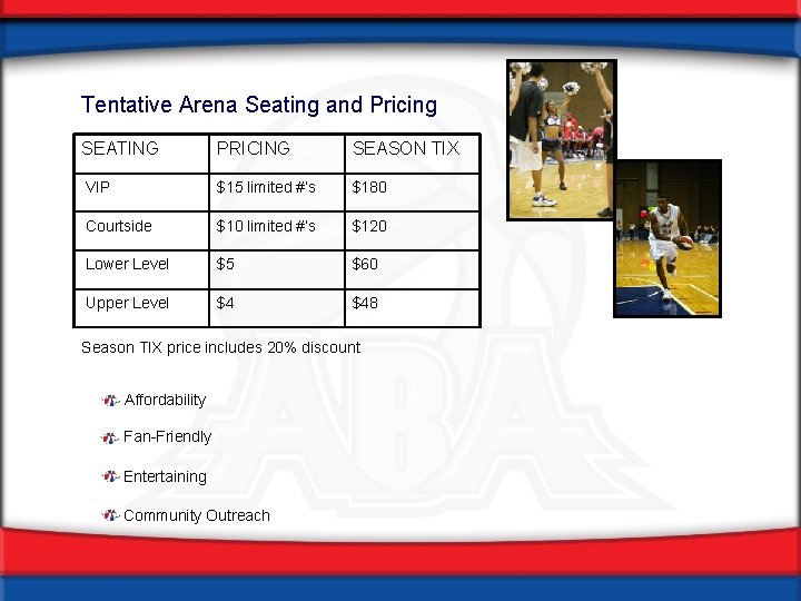 Tentative Arena Seating and Pricing SEATING PRICING SEASON TIX VIP $15 limited #’s $180