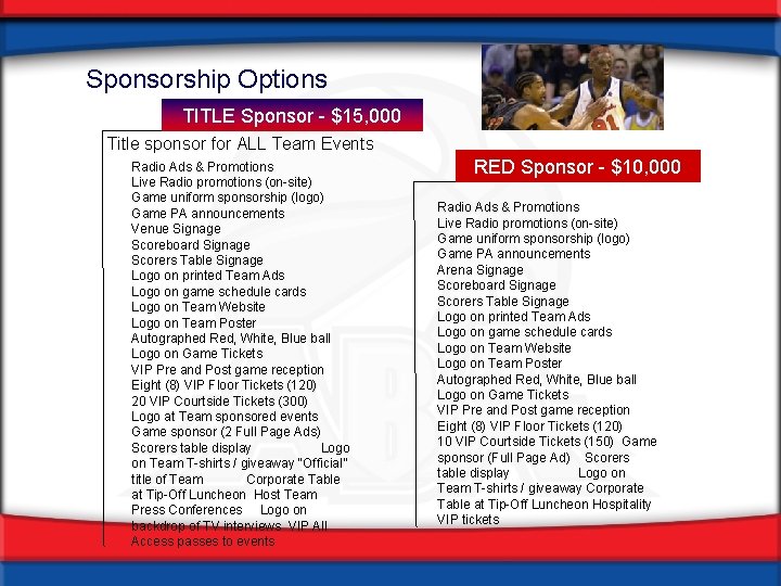 Sponsorship Options TITLE Sponsor - $15, 000 Title sponsor for ALL Team Events Radio