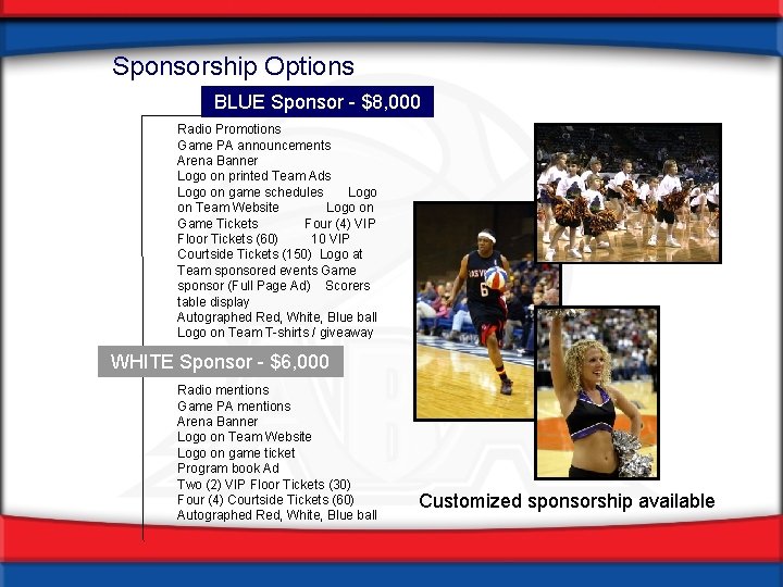 Sponsorship Options BLUE Sponsor - $8, 000 Radio Promotions Game PA announcements Arena Banner
