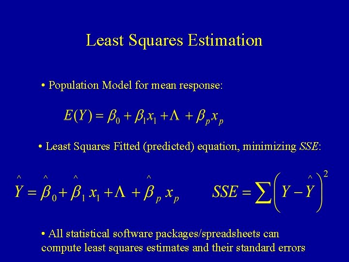 Least Squares Estimation • Population Model for mean response: • Least Squares Fitted (predicted)