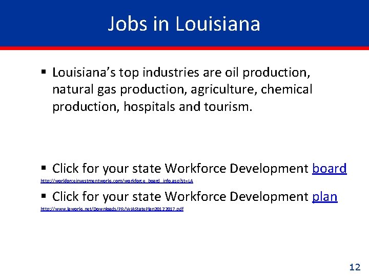 Jobs in Louisiana § Louisiana’s top industries are oil production, natural gas production, agriculture,