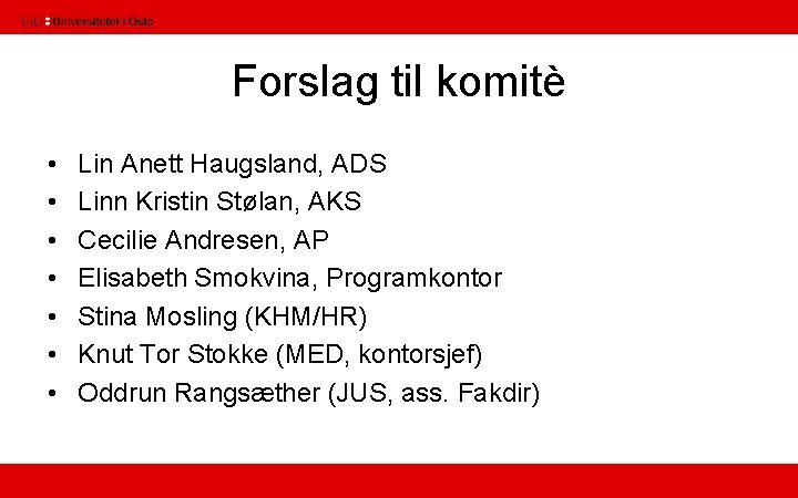 Forslag til komitè • • Lin Anett Haugsland, ADS Linn Kristin Stølan, AKS Cecilie