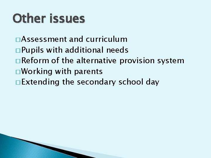 Other issues � Assessment and curriculum � Pupils with additional needs � Reform of