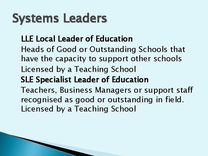 Systems Leaders LLE Local Leader of Education Heads of Good or Outstanding Schools that