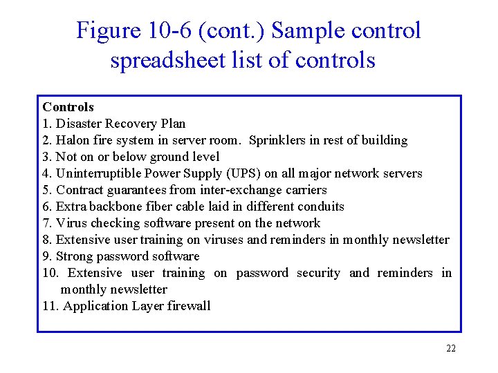 Figure 10 -6 (cont. ) Sample control spreadsheet list of controls Controls 1. Disaster