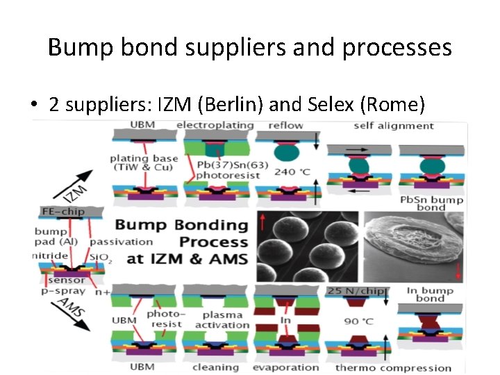 Bump bond suppliers and processes • 2 suppliers: IZM (Berlin) and Selex (Rome) 
