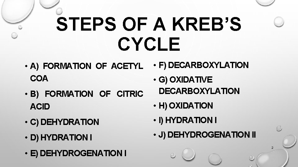 STEPS OF A KREB’S CYCLE • A) FORMATION OF ACETYL COA • B) FORMATION