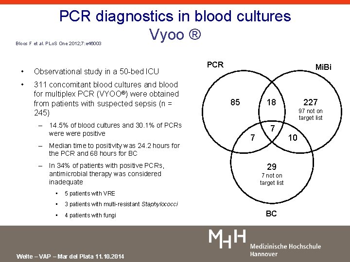 PCR diagnostics in blood cultures Vyoo ® Bloos F et al. PLo. S One