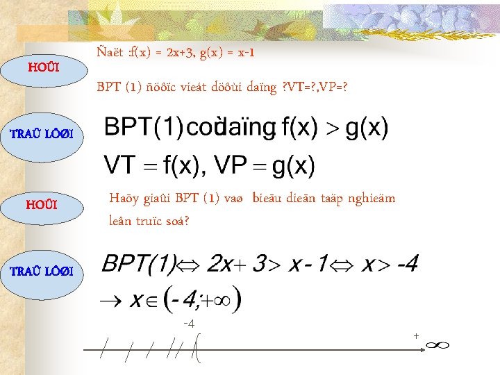 HOÛI Ñaët : f(x) = 2 x+3, g(x) = x-1 BPT (1) ñöôïc vieát