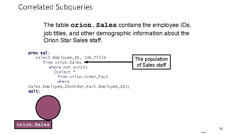 Correlated Subqueries The table orion. Sales contains the employee IDs, job titles, and other