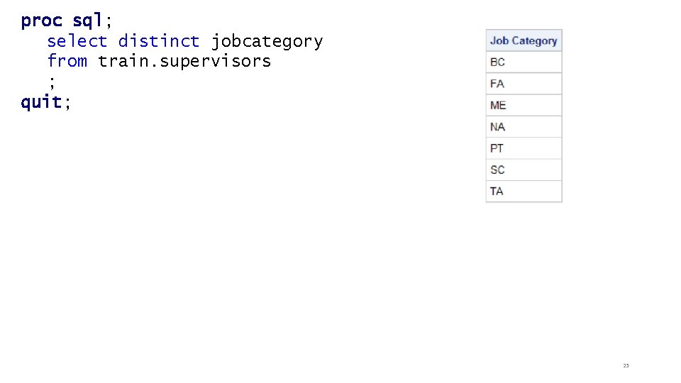 proc sql; select distinct jobcategory from train. supervisors ; quit; 23 
