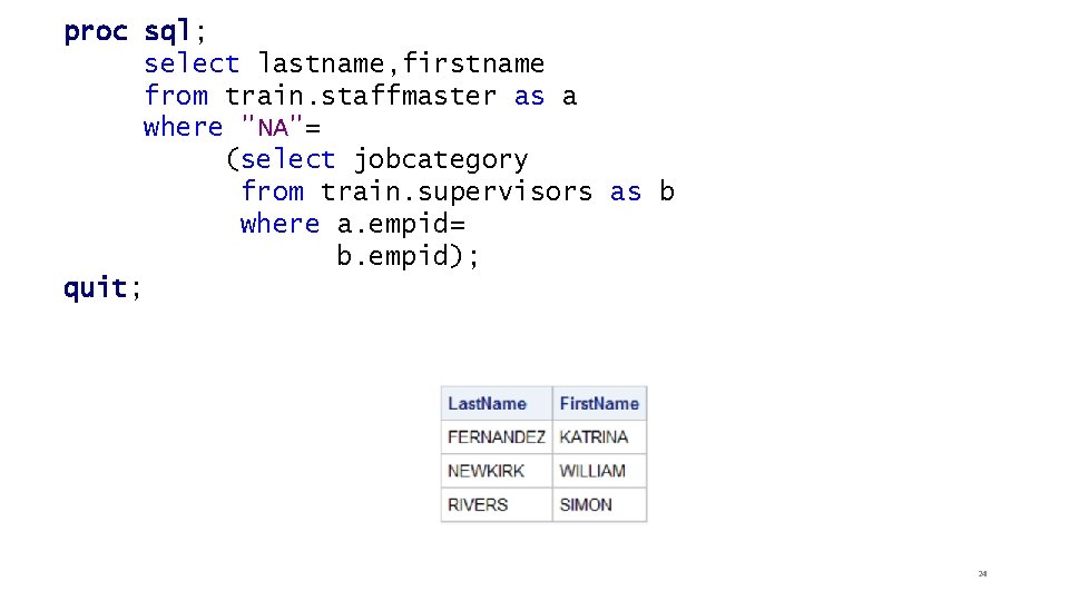 proc sql; select lastname, firstname from train. staffmaster as a where "NA"= (select jobcategory