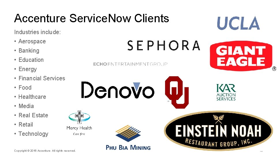 Accenture Service. Now Clients Industries include: • Aerospace • Banking • Education • Energy