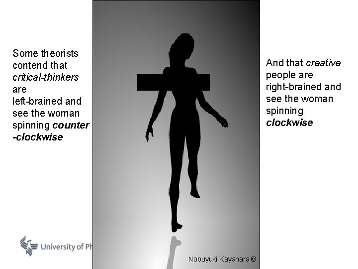 Some theorists contend that critical-thinkers are left-brained and see the woman spinning counter -clockwise