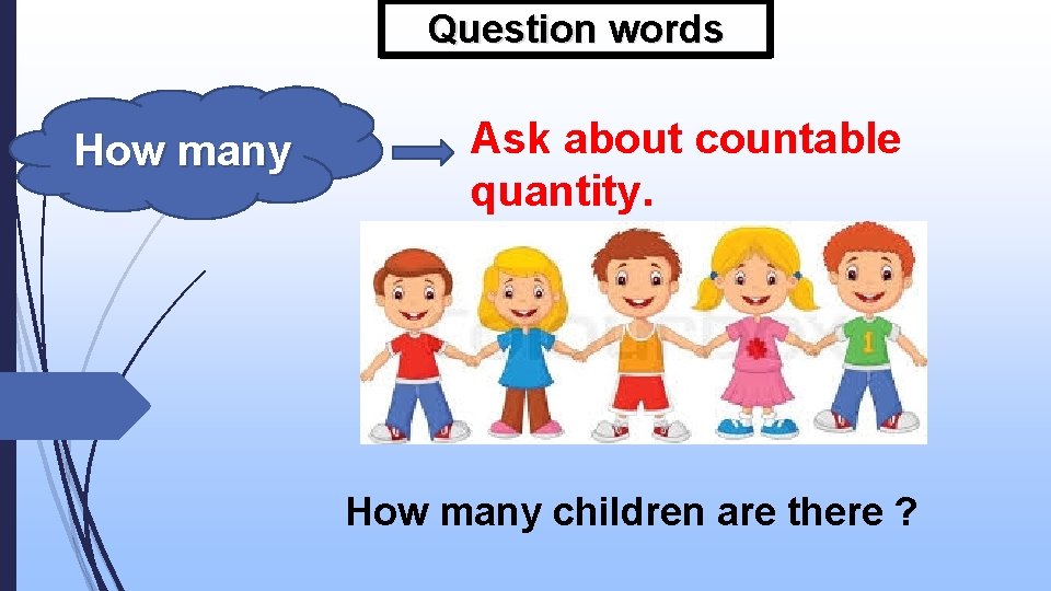 Question words How many Ask about countable quantity. How many children are there ?