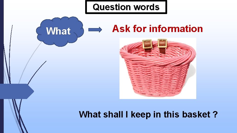 Question words What Ask for information What shall I keep in this basket ?