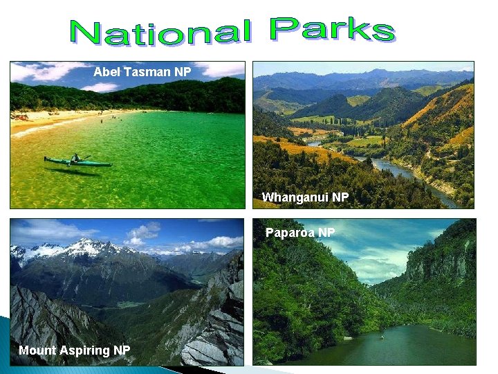 Abel Tasman NP Whanganui NP Paparoa NP Mount Aspiring NP 