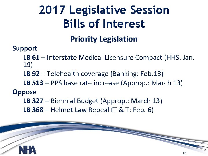 2017 Legislative Session Bills of Interest Priority Legislation Support LB 61 – Interstate Medical